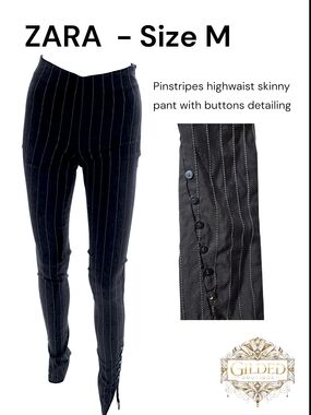 Zara Black Pinstripe High-Waist Skinny Pants with Button Trim
